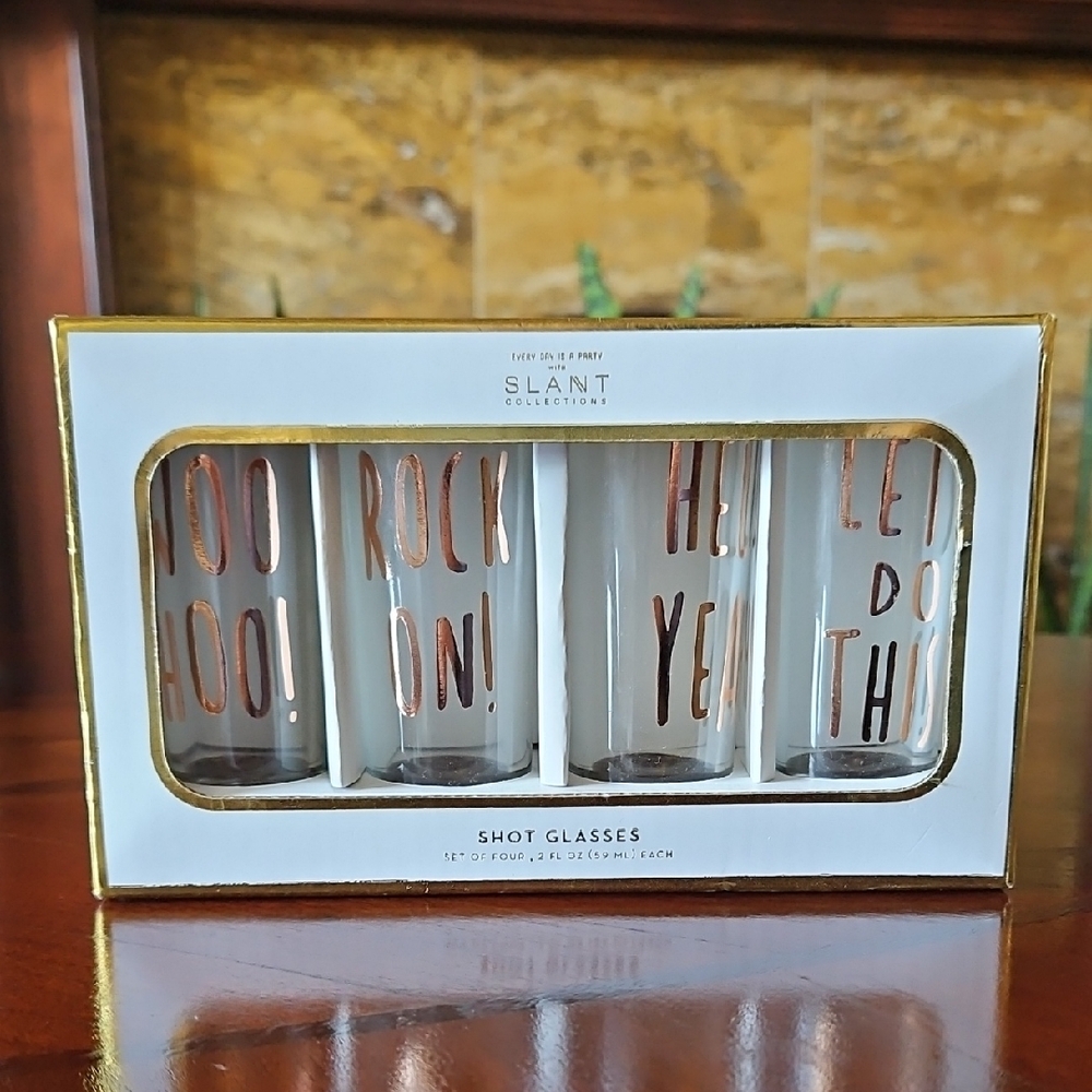 NIB Slant Collections Novelty Party Shot Glasses Set of 4 - Copper Foil Letters